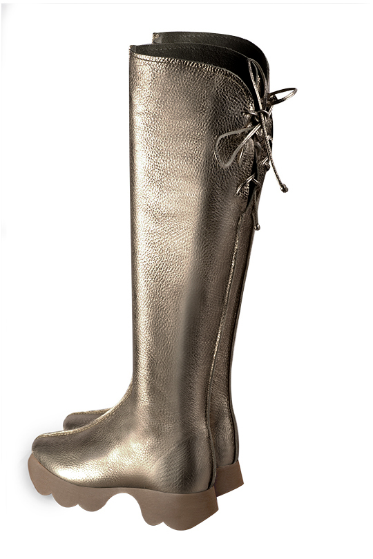 Bronze beige women's knee-high boots, with laces at the back. Round toe. Low rubber soles. Made to measure. Rear view - Florence KOOIJMAN